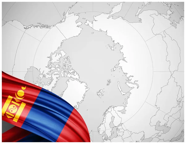 Bandeira Mongólia Seda Com Fundo Mapa Mundo Ilustração — Fotografia de Stock