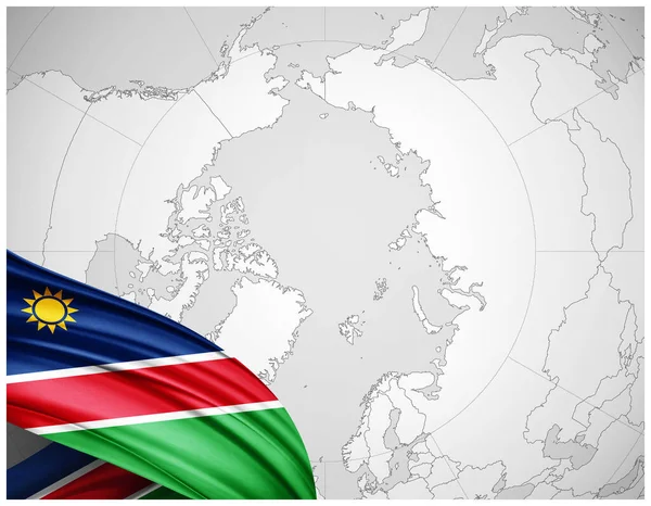 Namibië Vlag Van Zijde Met Wereldkaart Achtergrond Illustratie — Stockfoto