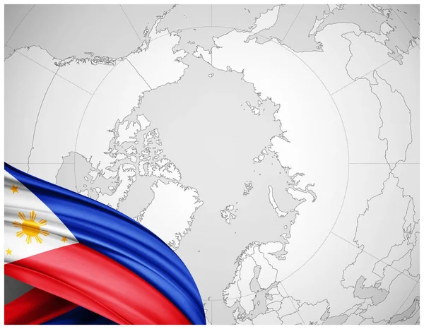 フィリピンのシルクの国旗と世界地図の背景 3Dイラスト — ストック写真