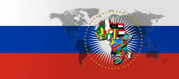 Russia flag with map and flags of the African World -3D illustration