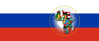 Afrika Dünyası 'nın haritası ve bayraklarıyla Rusya bayrağı -3D illüstrasyon