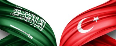 Üç boyutlu illüstrasyon. Türkiye bayrağı ve Suudi Arabistan ipek bayrağı 