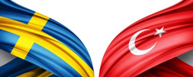 Üç boyutlu illüstrasyon. Türkiye bayrağı ve İsveç ipek bayrağı 