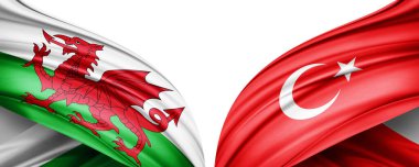 Üç boyutlu illüstrasyon. Türkiye bayrağı ve Galler ipek bayrağı 