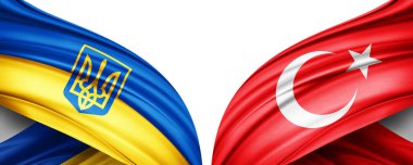 Üç boyutlu illüstrasyon. Türkiye bayrağı ve Ukrayna ipek bayrağı 