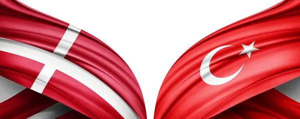 3D插图 土耳其国旗和丹麦丝绸国旗 — 图库照片