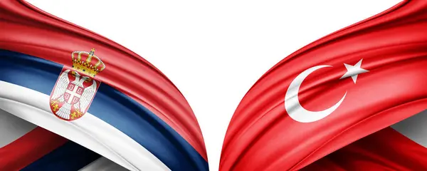 3D插图 土耳其国旗和塞尔维亚丝绸国旗 — 图库照片