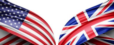 Amerikan bayrağı ve Birleşik Krallık ipek ve beyaz arkaplan illüstrasyon bayrağı