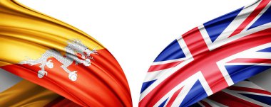 Bhutan bayrağı ve Birleşik Krallık ipek ve beyaz arkaplan 3D illüstrasyon bayrağı