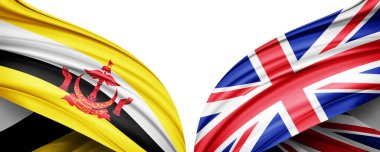 Brunei bayrağı ve ipek ve beyaz arkaplan resimli Birleşik Krallık bayrağı.