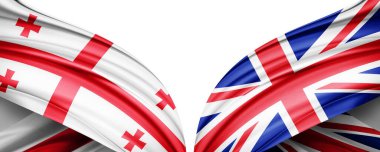 Gürcistan bayrağı ve Birleşik Krallık ipek ve beyaz arkaplan illüstrasyon bayrağı.