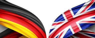 Almanya bayrağı ve Birleşik Krallık ipek ve beyaz arkaplan illüstrasyon bayrağı.
