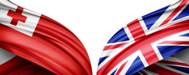 Tonga bayrağı ve Birleşik Krallık ipek bayrağı ve beyaz arkaplan 3D illüstrasyon