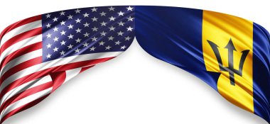 Metinleriniz, resimleriniz ve beyaz arkaplanınız için kopyalanmış ipekten Amerikan ve Barbados bayrakları