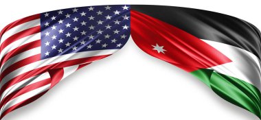 Metinleriniz, resimleriniz ve beyaz arkaplanınız için kopyalanmış ipekten Amerikan ve Ürdün bayrakları