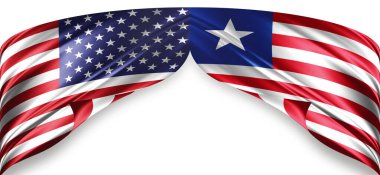 Metinleriniz, resimleriniz ve beyaz arkaplanınız için kopyalanmış ipekten Amerikan ve Liberya bayrakları