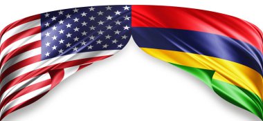 Metinleriniz, resimleriniz ve beyaz arkaplanınız için kopyalanmış ipekten Amerikan ve Mauritius bayrakları