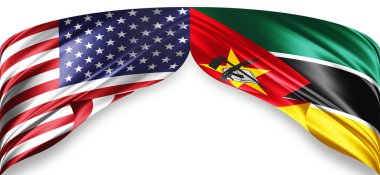 Metinleriniz, resimleriniz ve beyaz arkaplanınız için kopyalanmış ipekten Amerikan ve Mozambik bayraklar