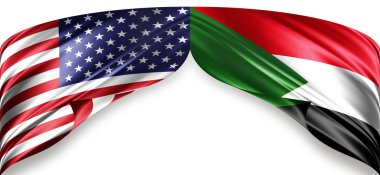 Metinleriniz, resimleriniz ve beyaz arkaplanınız için kopyalanmış ipekten Amerikan ve Sudan bayrakları