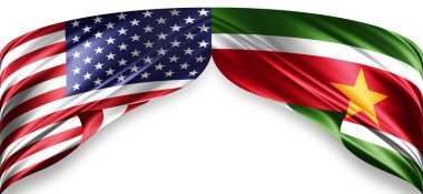 Metinleriniz, resimleriniz ve beyaz arkaplanınız için kopyalanmış ipekten Amerikan ve Surinam bayrakları