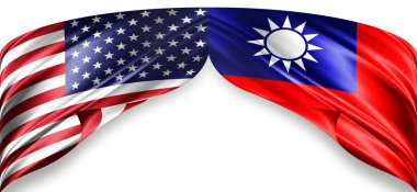 Metinleriniz, resimleriniz ve beyaz arkaplanınız için kopyalanmış ipekten Amerikan ve Tayvan bayrakları