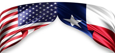 Metinleriniz, resimleriniz ve beyaz arkaplanınız için kopyalanmış ipekten Amerikan ve Teksas bayrakları