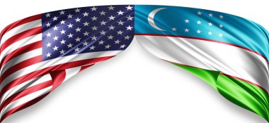 Metinleriniz, resimleriniz ve beyaz arkaplanınız için telif içeren Amerikan ve Özbekistan bayrakları