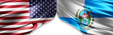 Amerika ve Rio de Janeiro, Brezilya ipek bayrakları metin veya resimleriniz ve beyaz arkaplanınız için telif alanı