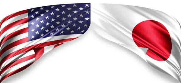 Американські Японські Прапори Шовку Копійкою Вашого Тексту Або Зображень Білого Стокове Фото