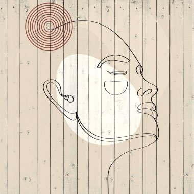 Soyut şekilli modern soyut bir yüz. Minimalizm kavramı. Çizgi sanatı stili. Çağdaş insan silueti ve ahşap arka plan.