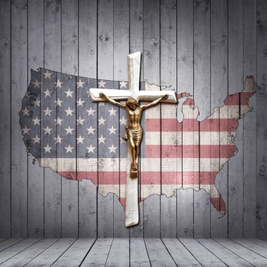 Çarmıhta İsa 'nın olduğu Amerikan bayrağı haritası, ahşap arka plan.