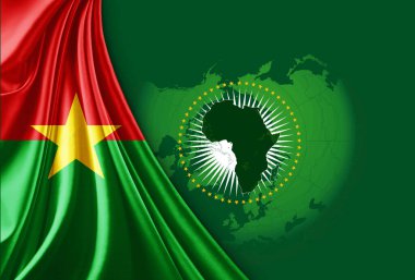 Burkina Faso ve Union African bayrağı, yeşil arka planda kopyalanmış dünya haritası