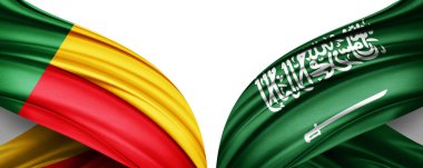 Beyaz arka planda Benin ve Suudi Arabistan ipek bayrakları