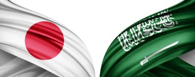 Beyaz arka planda Japonya ve Suudi Arabistan ipek bayrakları