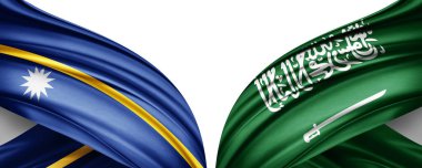 Beyaz arkaplanda Nauru ve Suudi Arabistan ipek bayrakları