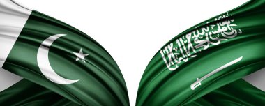 Beyaz arka planda Pakistan ve Suudi Arabistan ipek bayrakları