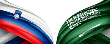 Slovenya ve Suudi Arabistan beyaz arka planda ipek bayraklar