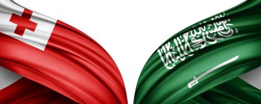 Beyaz arka planda Tonga ve Suudi Arabistan ipek bayrakları