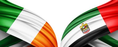 İrlanda 'nın iki ipek bayrağı ve beyaz arka planda birleşik Arap emirlikleri.