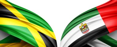 Jamaika 'nın iki ipek bayrağı ve beyaz arka planda birleşik Arap Emirlikleri