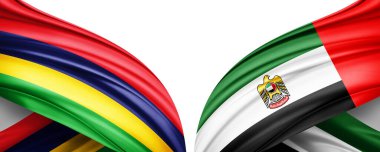 Mauritius 'un iki ipek bayrağı ve beyaz arka planda birleşik Arap emirlikleri.