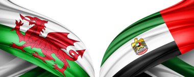 Galler 'in iki ipek bayrağı ve beyaz arka planda birleşik Arap emirlikleri.