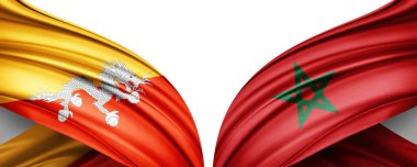 Beyaz arka planda Butan ve Fas ipek bayrakları