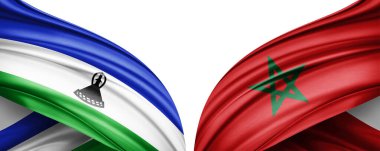 Beyaz arka planda Lesotho ve Fas ipek bayrakları