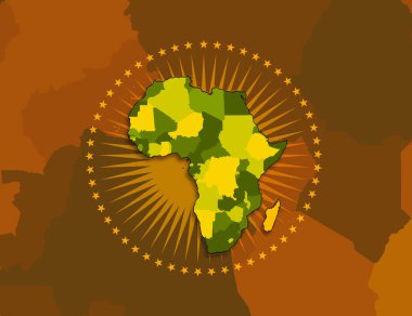 Harita ve dünya haritası arkaplanlı Afrika Birliği bayrağı 3 boyutlu illüstrasyon