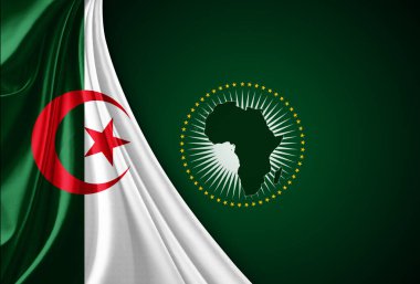 Cezayir ve Afrika Birliği bayrağı ve yeşil arkaplan - 3D illüstrasyon