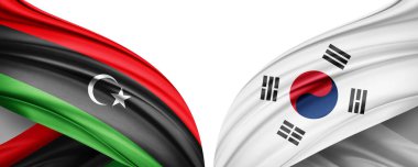 Libya ve Güney Kore ipek-3D illüstrasyon bayrağı.