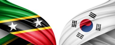 Saint Kitts ve Nevis ve ipekten yapılmış Güney Kore bayrağı.