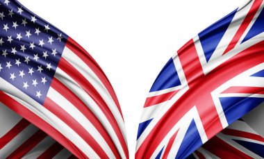 Amerikan bayrağı ve Birleşik Krallık ipek ve beyaz arkaplan illüstrasyon bayrağı