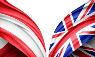 Avusturya bayrağı ve Birleşik Krallık ipek ve beyaz arkaplan illüstrasyon bayrağı